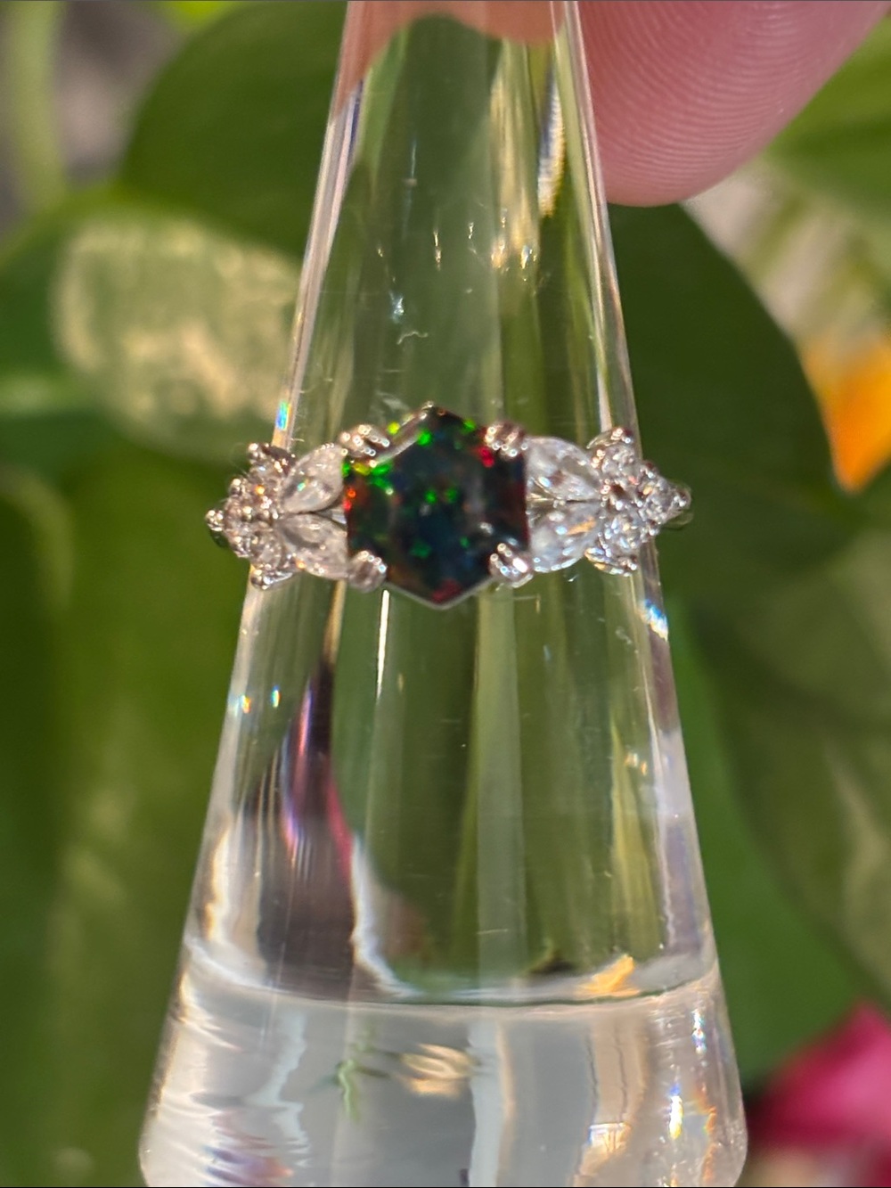 Hexagon Black Opal Halo Ring with White Accent Stones